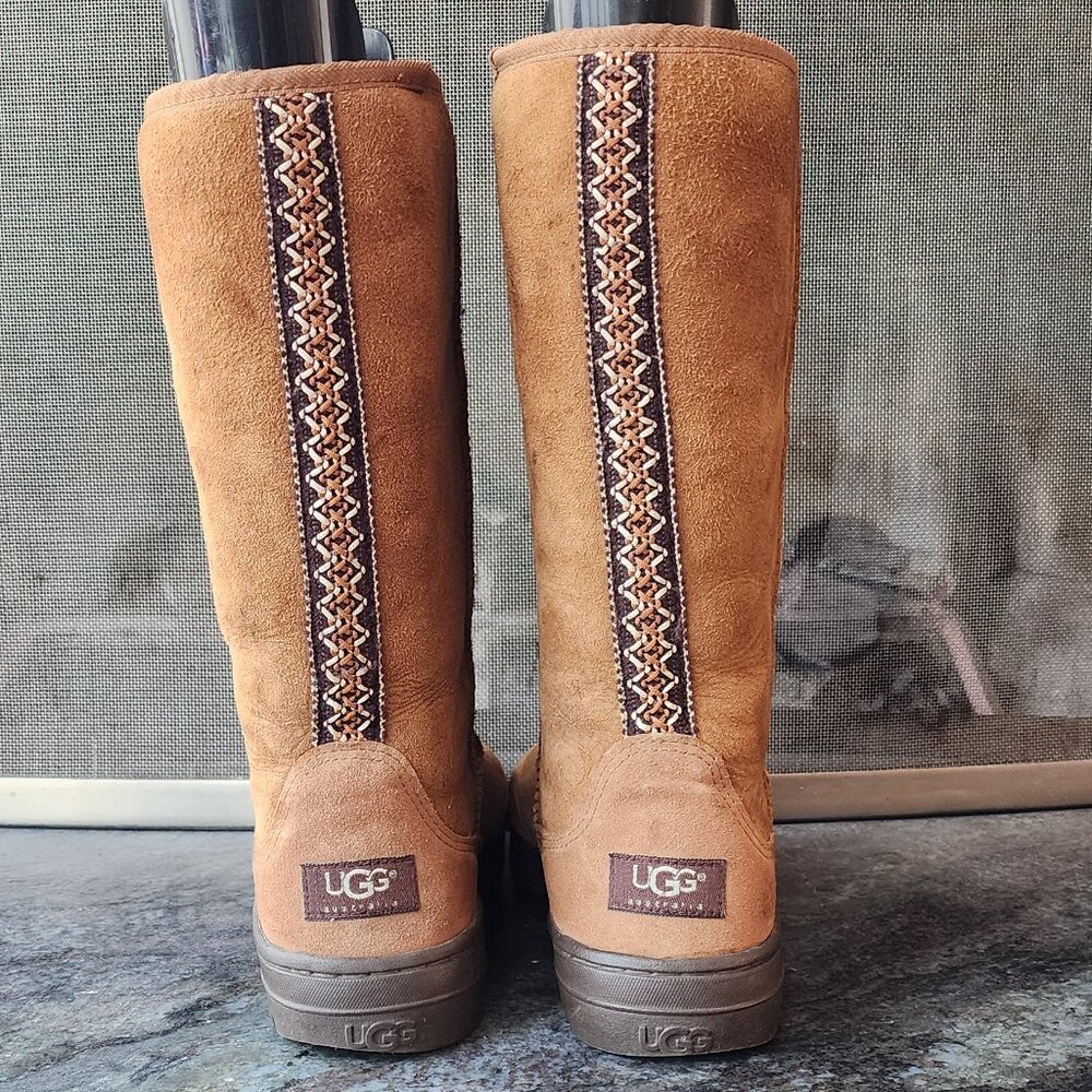 UGG Brown Suede Leather Ultra Tall Braided Back Boots Size 8 - Picture 10 of 16